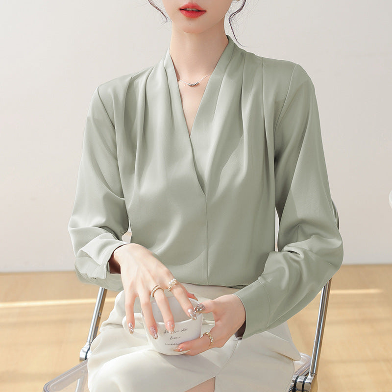 Alda | Long Sleeve V-Neck Satin Blouse 2