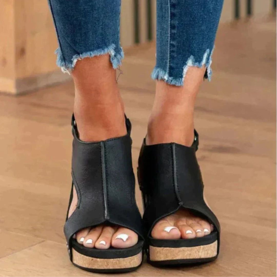 Black Cork Wedge Sandals for Women | Adeline