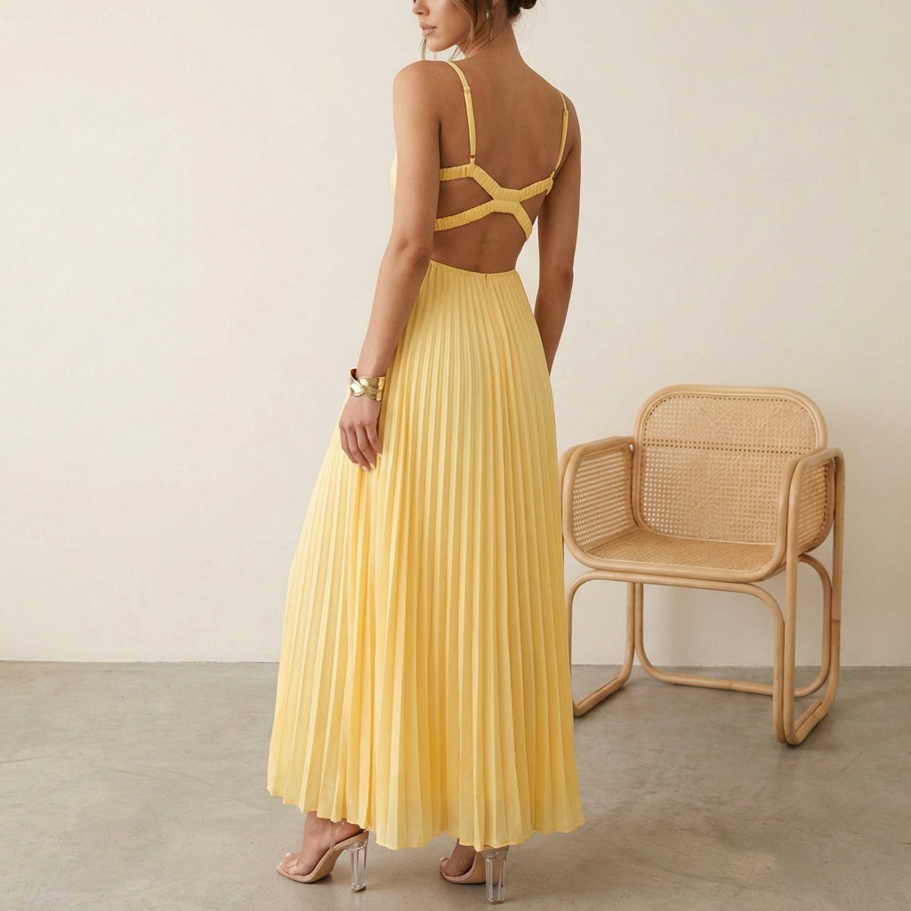 Elyra | Pleated Satin Maxi Dress with Twist-Front Bodice 2