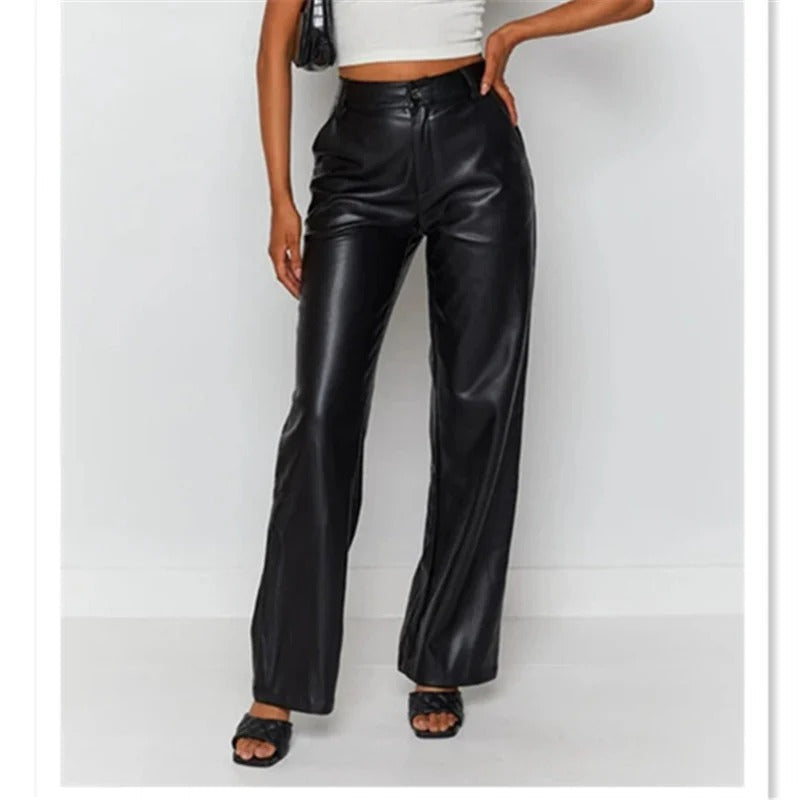 Haveno | High-Waist Straight Leg Faux Leather Trousers 3
