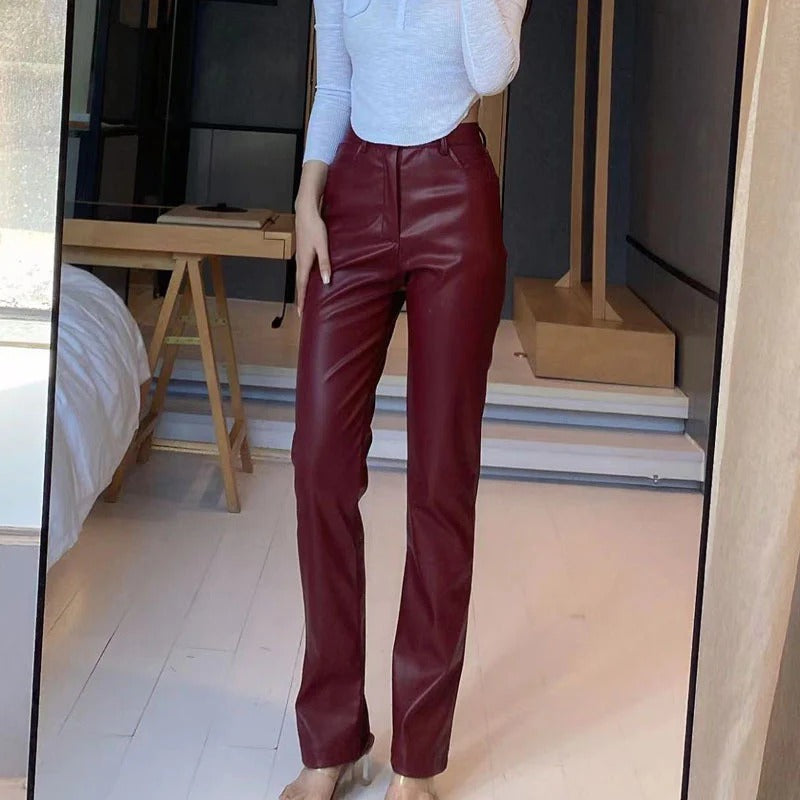 Haveno | High-Waist Straight Leg Faux Leather Trousers 4