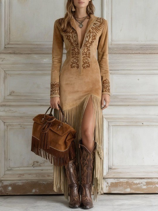 Lina | Long Sleeve Fringe Maxi Dress 1