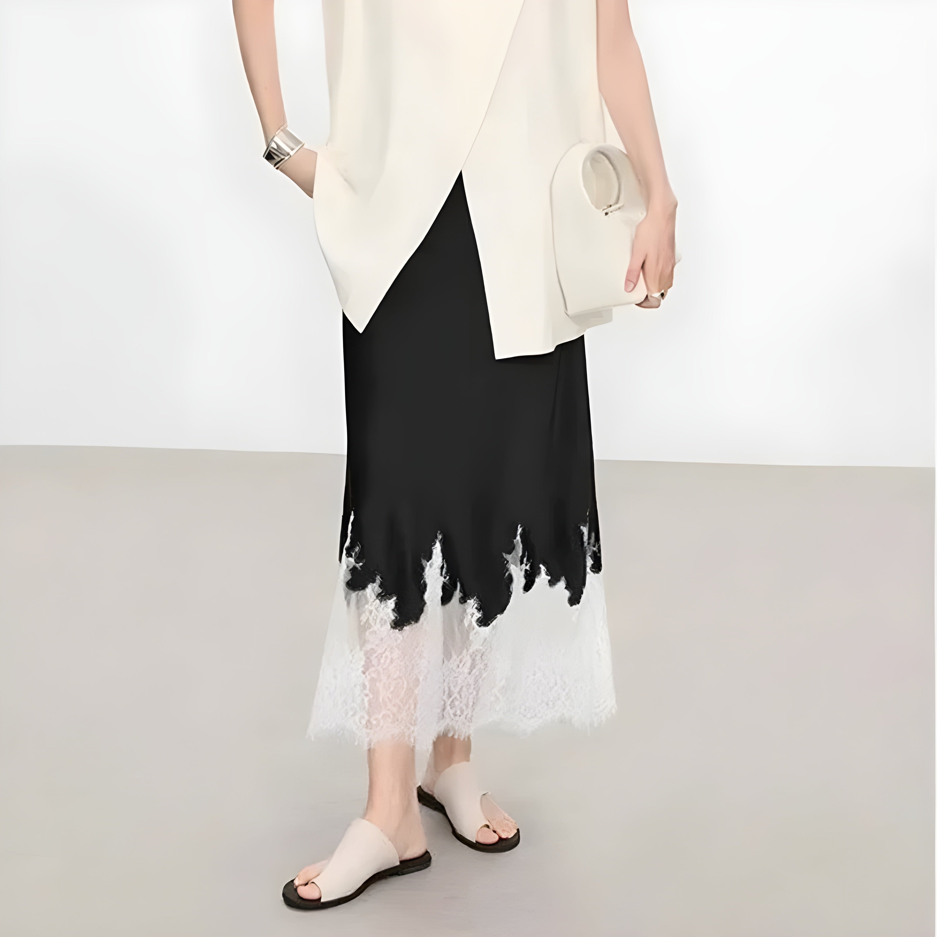 Luna | Lace-Trim Satin A-Line Skirt 4