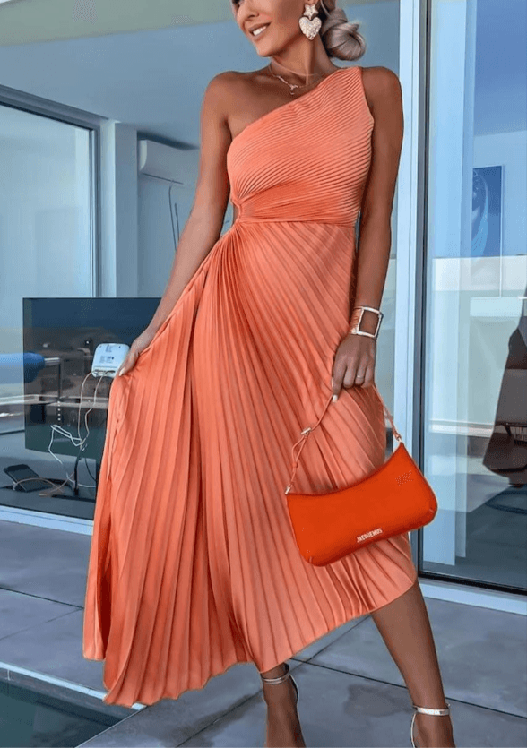 Mira | One-Shoulder Pleated Midi Wedding Guest Dress 1