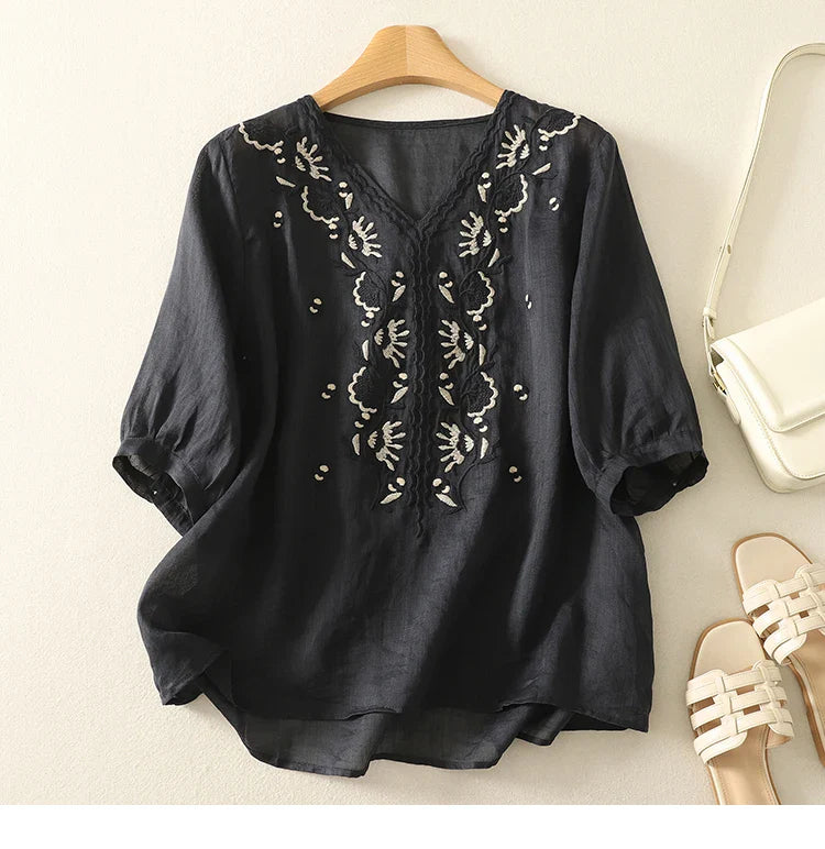 Rela | Relaxed V-Neck Womens Blouse with Embroidery 2