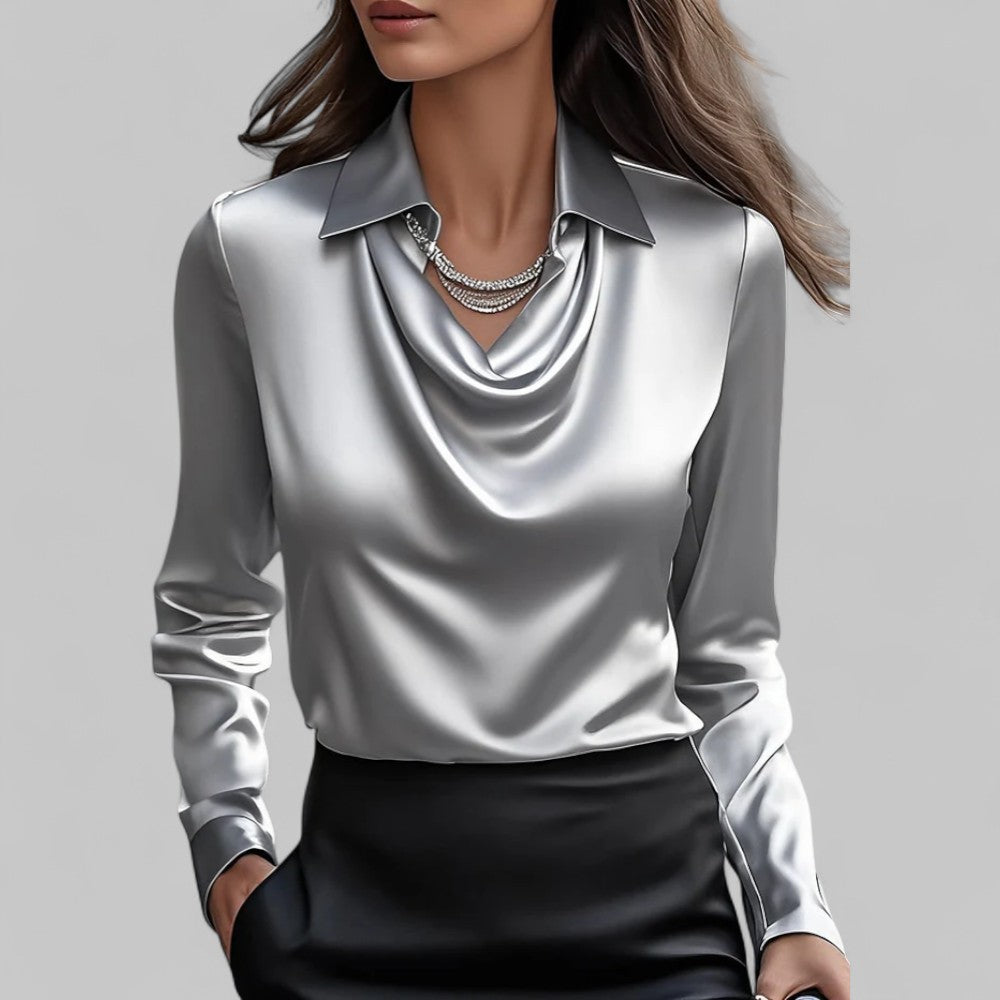 Rose | Women’s Draped Neck Long Sleeve Satin Blouses 1
