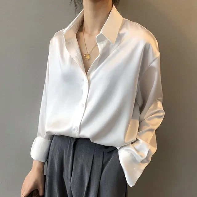 Satinia | Long Sleeve Satin Button Down Blouse 1