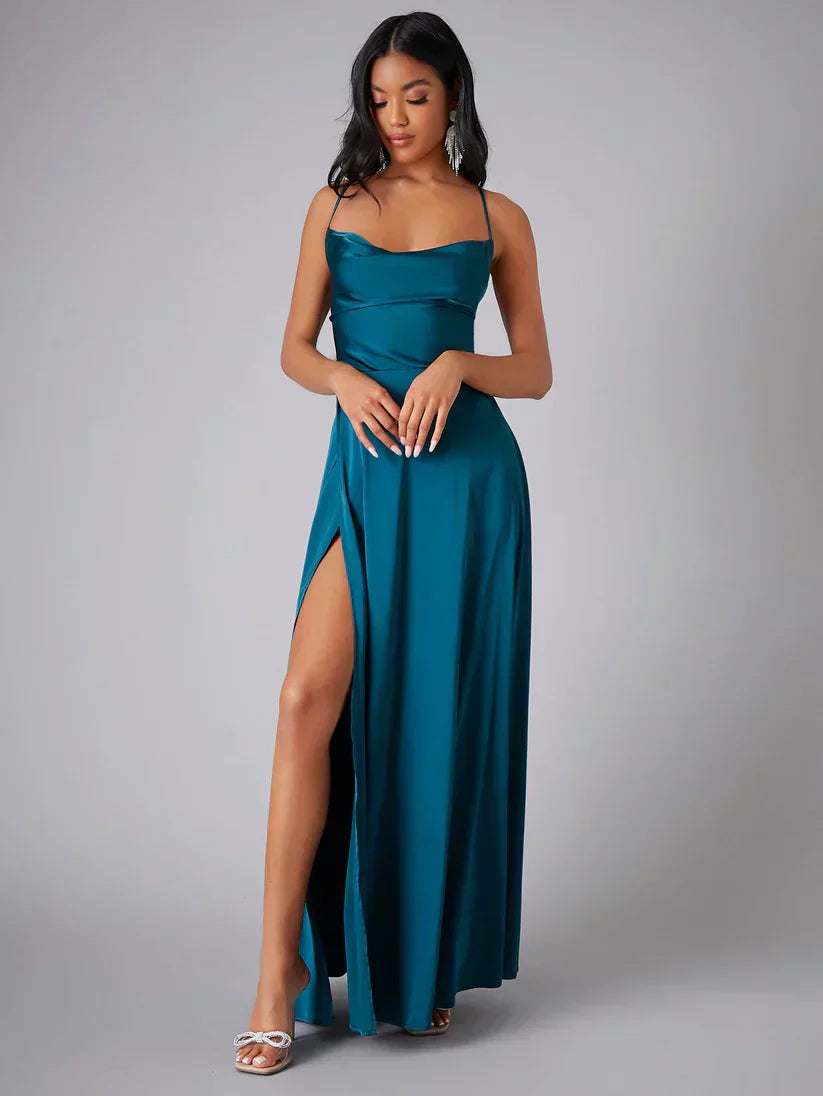 Sleena | Spaghetti Strap Evening Maxi Dress High Slit 1