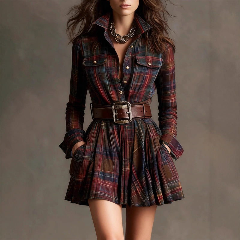 Sofina | Plaid Mini Shirt Dress Long Sleeves 1
