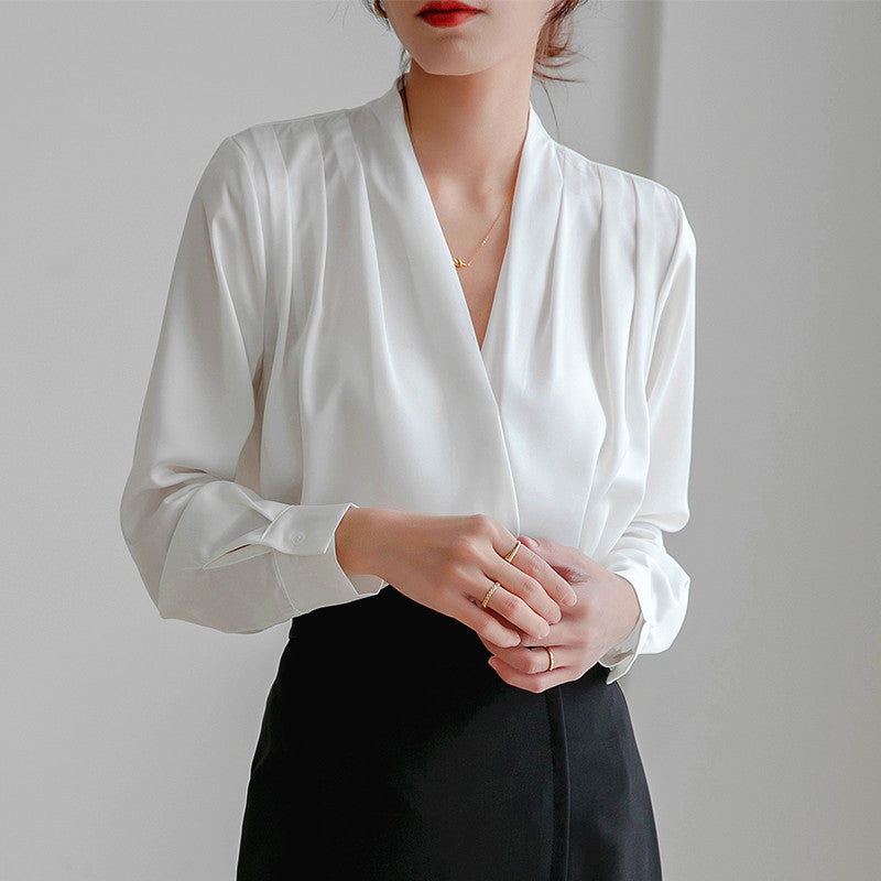 Alda | Long Sleeve V-Neck Satin Blouse 0