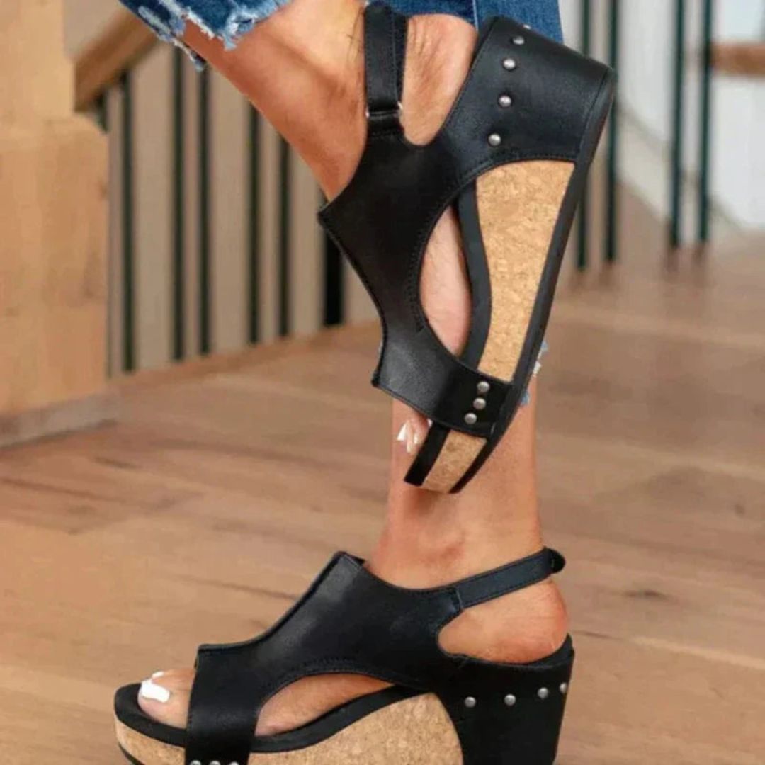 Black Cork Wedge Sandals for Women | Adeline