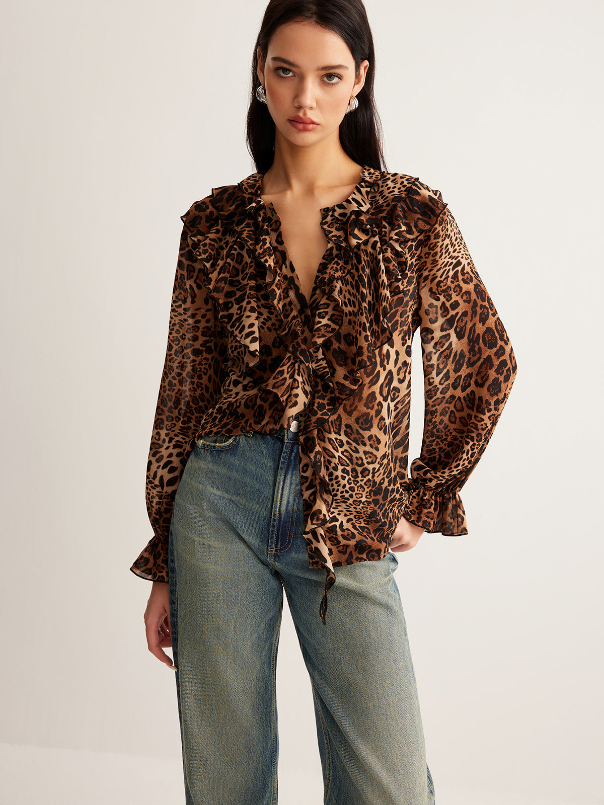 Brina | Women's Leopard Ruffle Neck Blouse 1