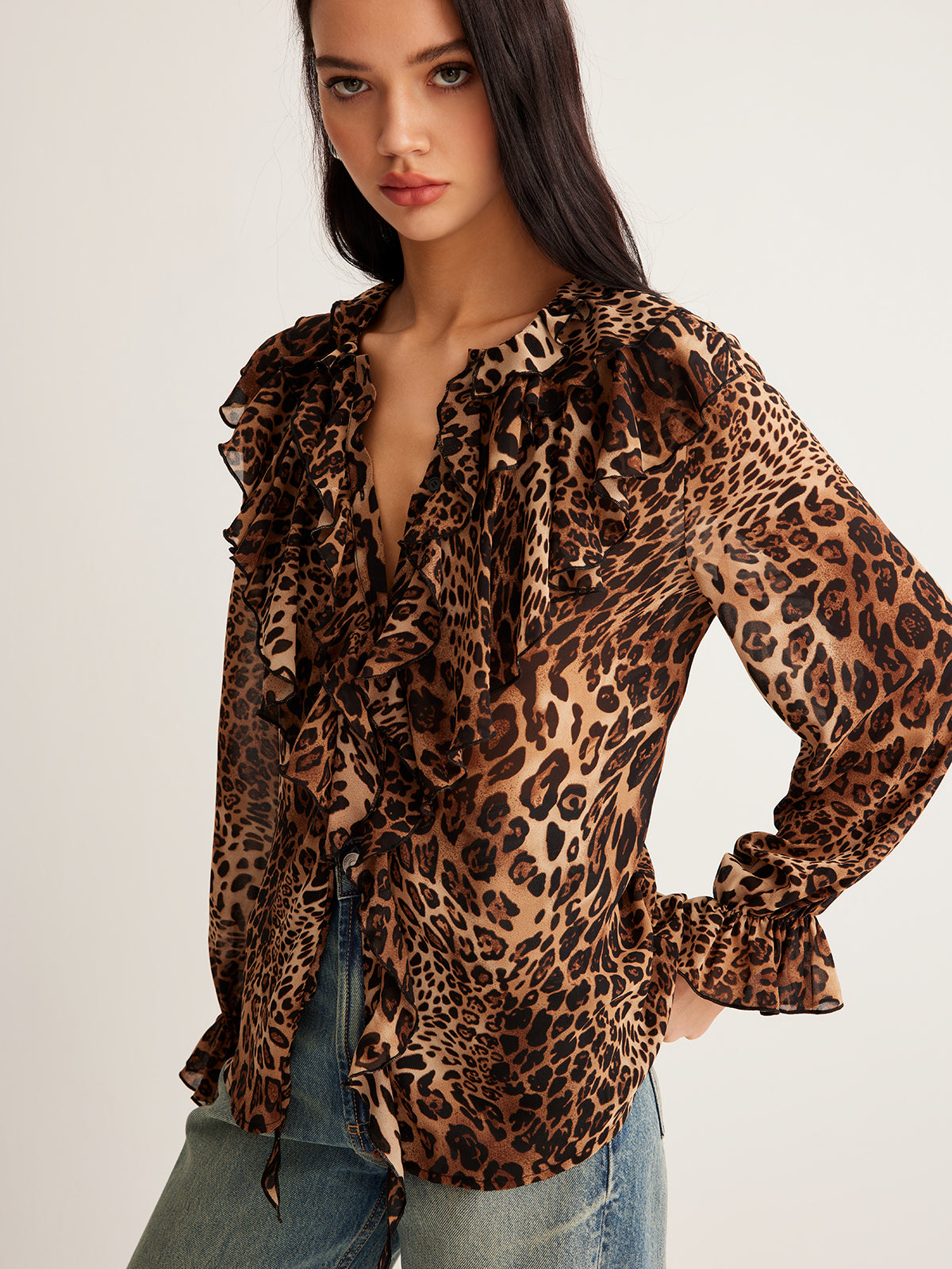Brina | Women's Leopard Ruffle Neck Blouse 2