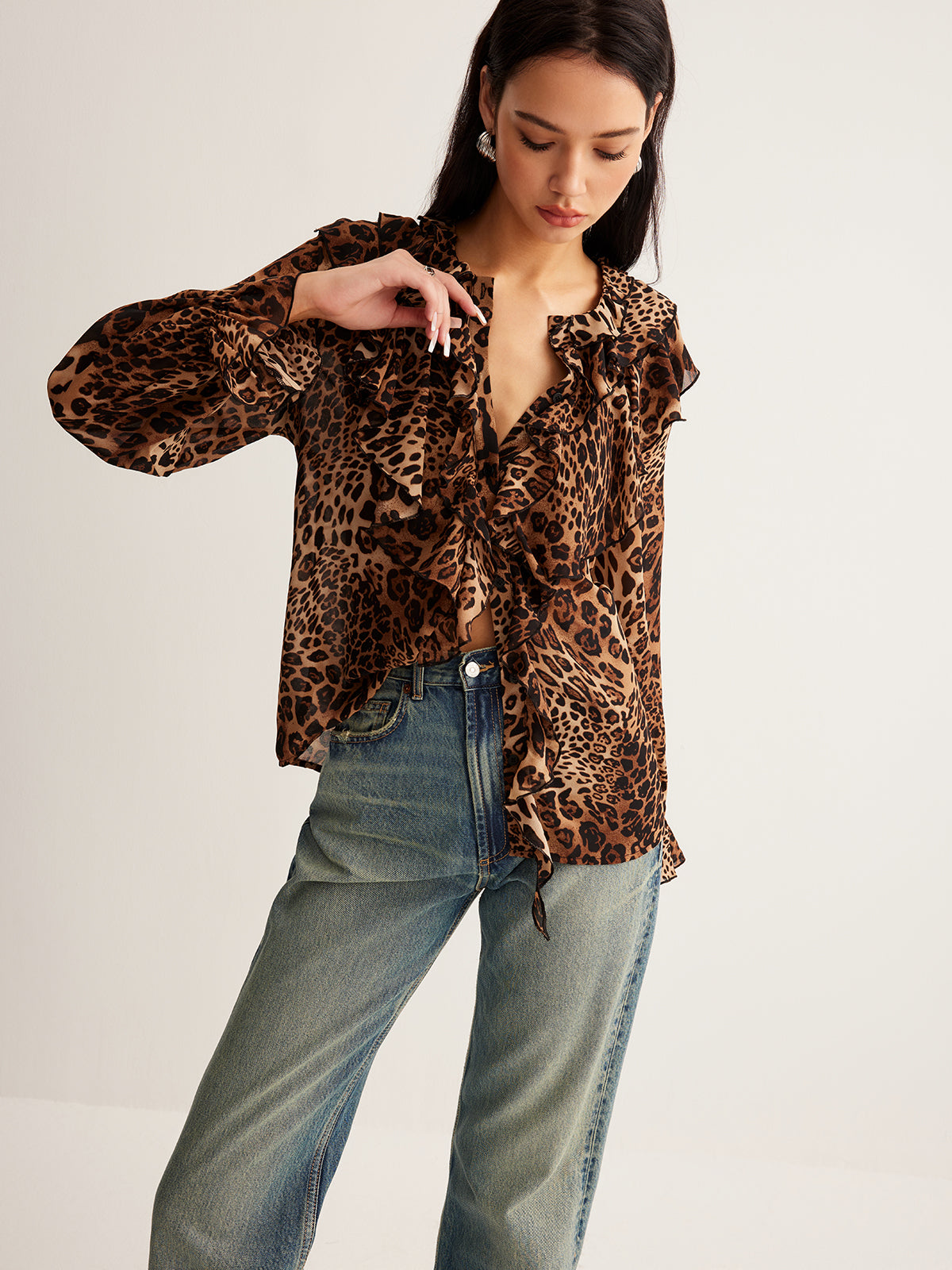 Brina | Women's Leopard Ruffle Neck Blouse 4