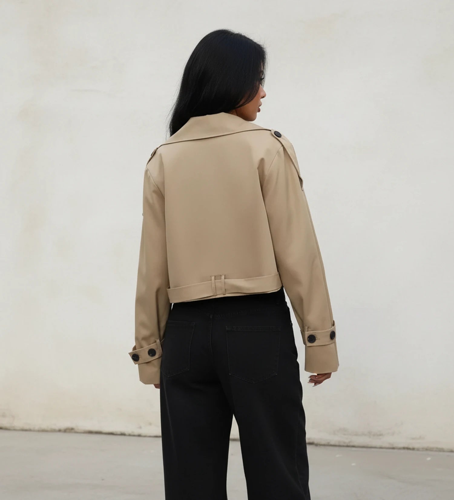 Crisma | Cropped Double-Breasted Tan Trench Jacket 1