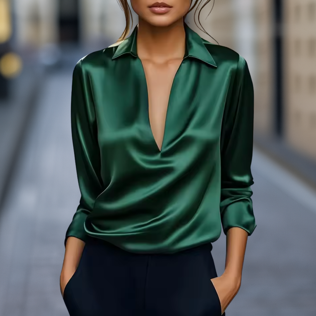 Drapia | Long Sleeve Deep V-Neck Blouse in Satin 2