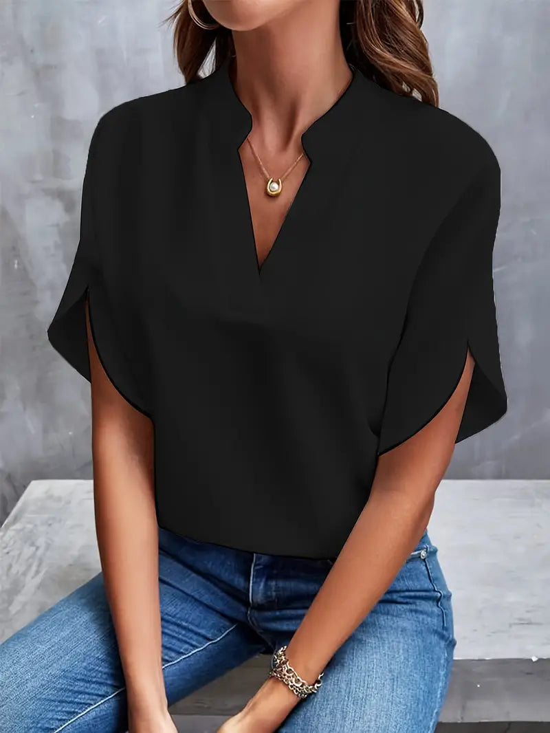 Split V-Neck Short Sleeve Blouse for Women | Elaina