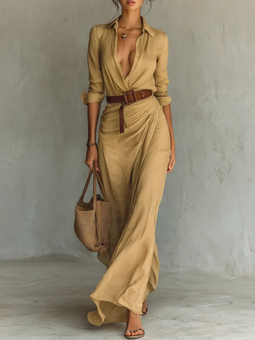 Fleura | Long Sleeve Maxi Dress with Draped Skirt 0
