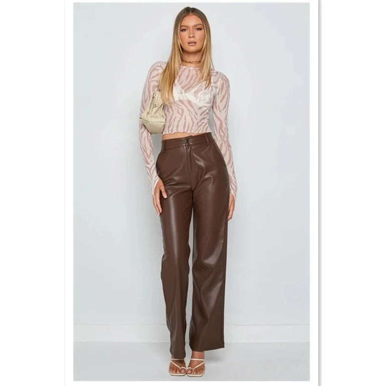 Haveno | High-Waist Straight Leg Faux Leather Trousers 0