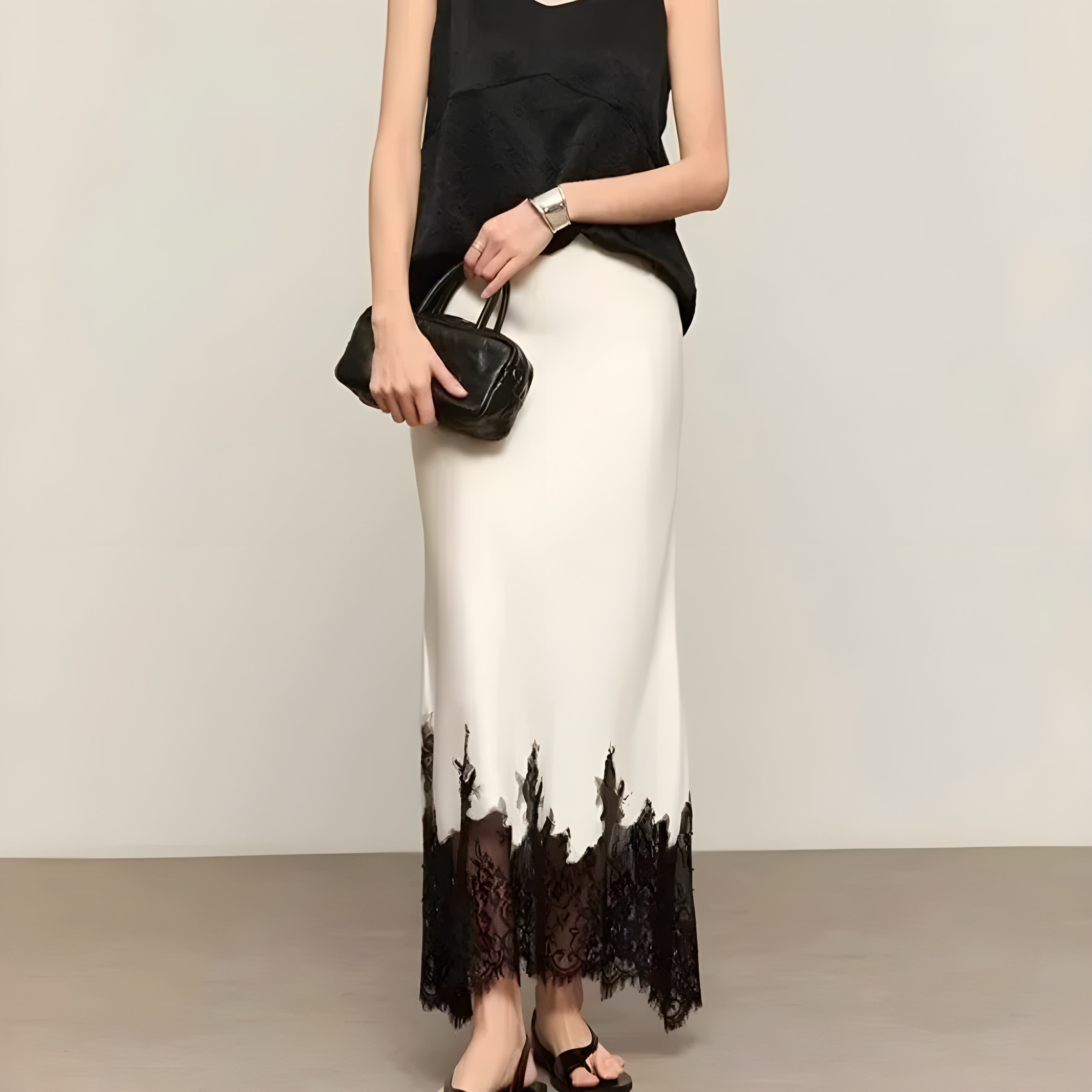 Luna | Lace-Trim Satin A-Line Skirt 1