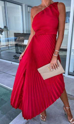 Mira | One-Shoulder Pleated Midi Wedding Guest Dress 0