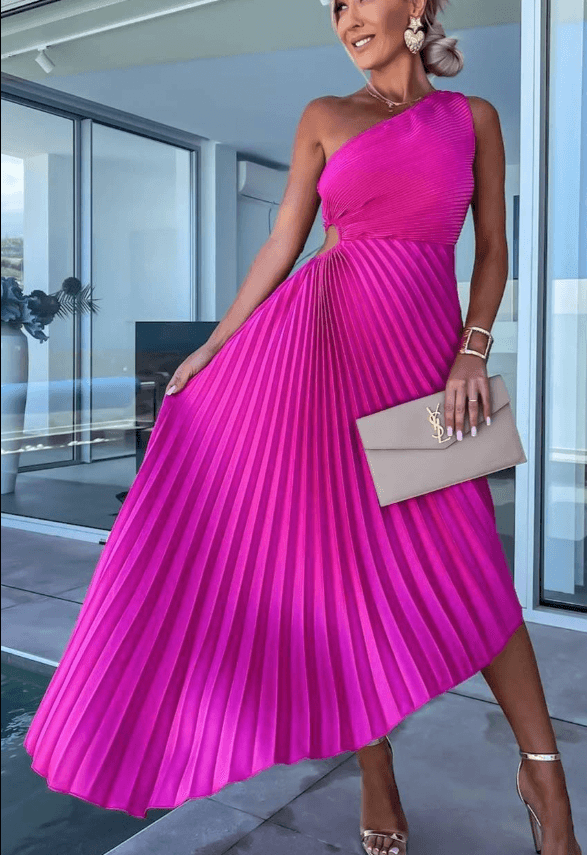 Mira | One-Shoulder Pleated Midi Wedding Guest Dress 3
