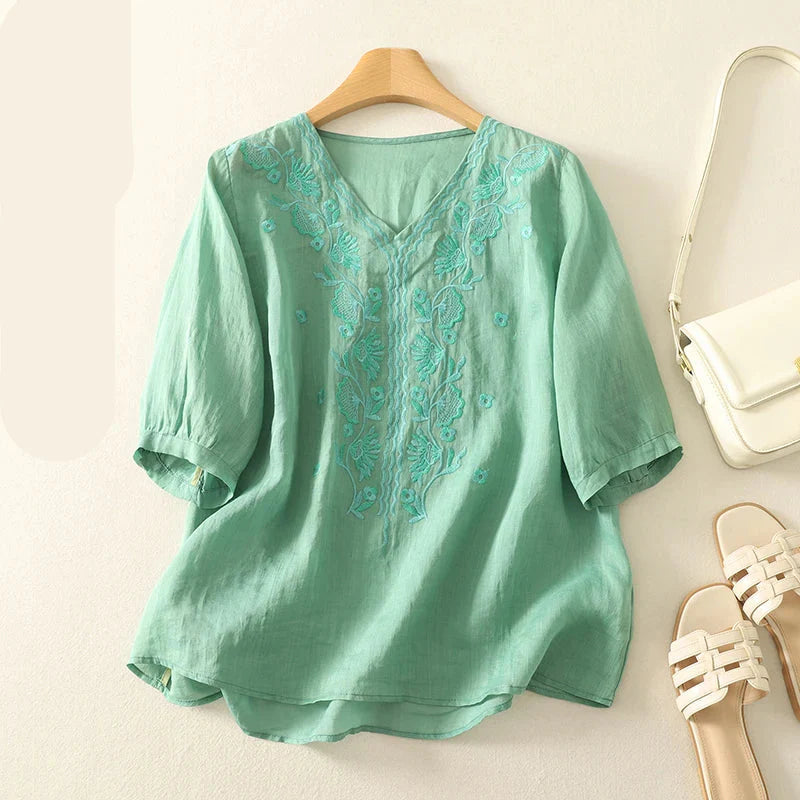 Rela | Relaxed V-Neck Womens Blouse with Embroidery 0