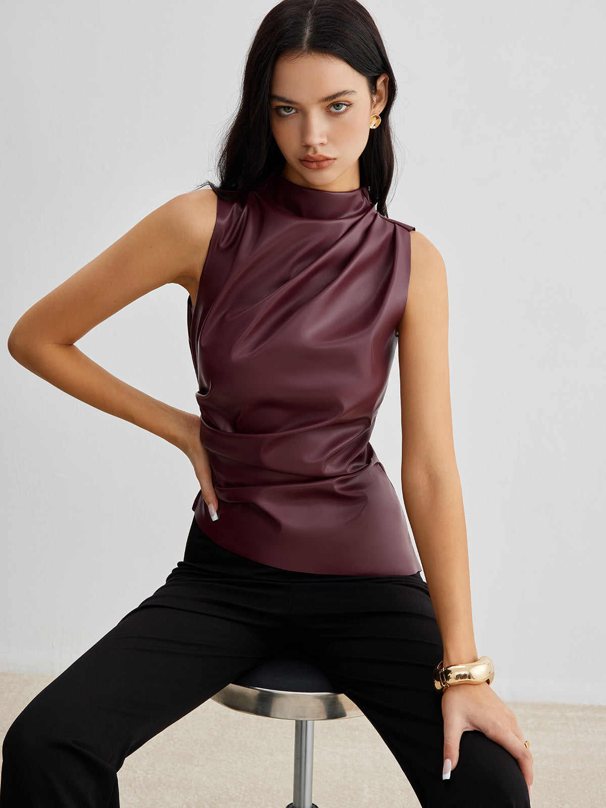 Serene | Women's Sleeveless Faux Leather High Neck Top