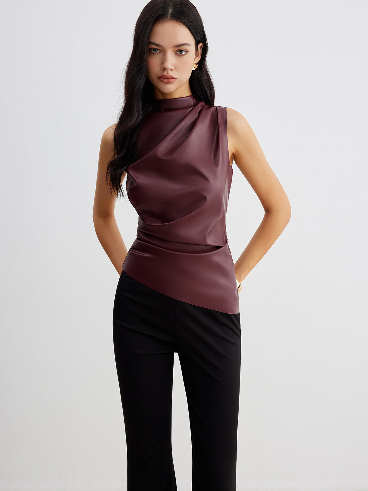 Serene | Women's Sleeveless Faux Leather High Neck Top 1