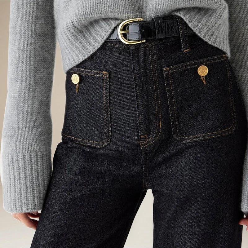 High-Waist Pocketed Denim Trousers for Women | Kaela