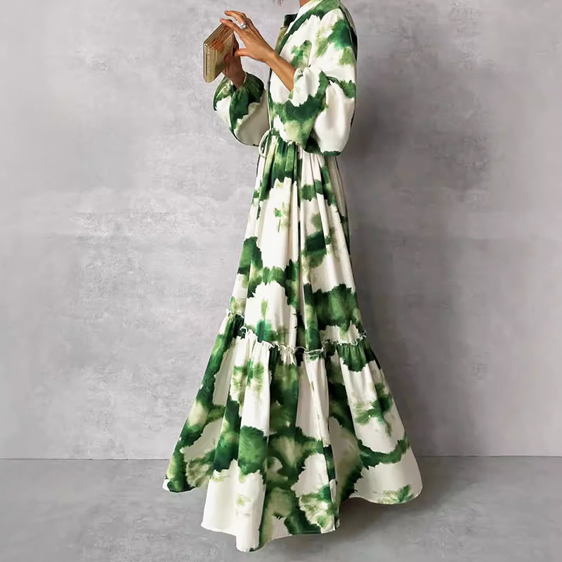 Vermilion | Tiered Maxi Dress Abstract Print Green 1